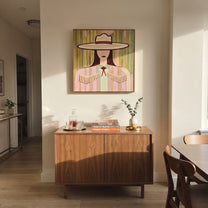 Pastel Stripes Hold Fringe - pastel cowgirl portrait painting by Elliot Vale, modern figurative square wall art - styled room scene view 5