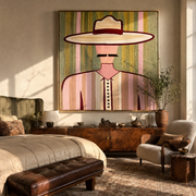 Pink Lines Frame Mustache - pastel western man painting by Elliot Vale, modern figurative square wall art - styled room scene view 1