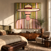 Pink Lines Frame Mustache - pastel western man painting by Elliot Vale, modern figurative square wall art - styled room scene view 1