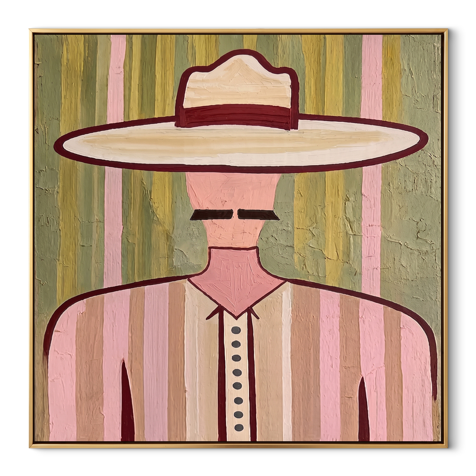 Pink Lines Frame Mustache - pastel western man painting by Elliot Vale, modern figurative square wall art - wood frame on white background