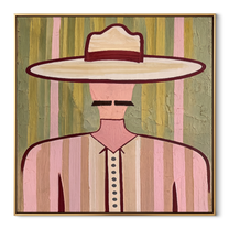Pink Lines Frame Mustache - pastel western man painting by Elliot Vale, modern figurative square wall art - wood frame on white background