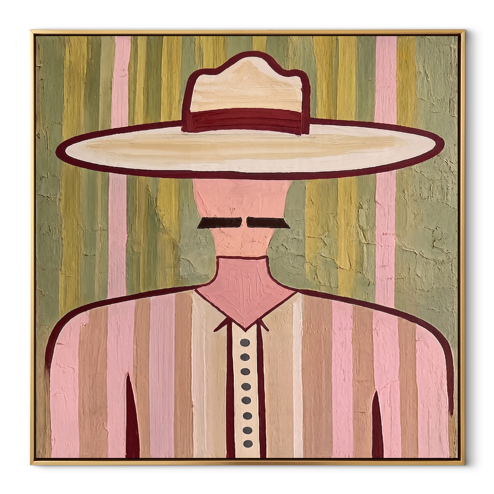 Pink Lines Frame Mustache - pastel western man painting by Elliot Vale, modern figurative square wall art - wood frame on white background