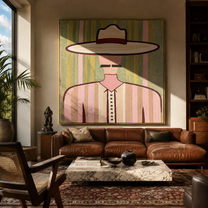 Pink Lines Frame Mustache - pastel western man painting by Elliot Vale, modern figurative square wall art - styled room scene view 2