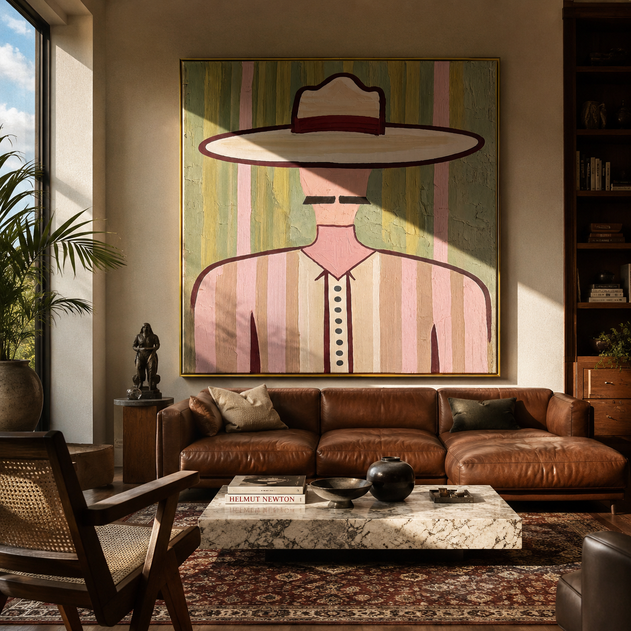 Pink Lines Frame Mustache - pastel western man painting by Elliot Vale, modern figurative square wall art - styled room scene view 2
