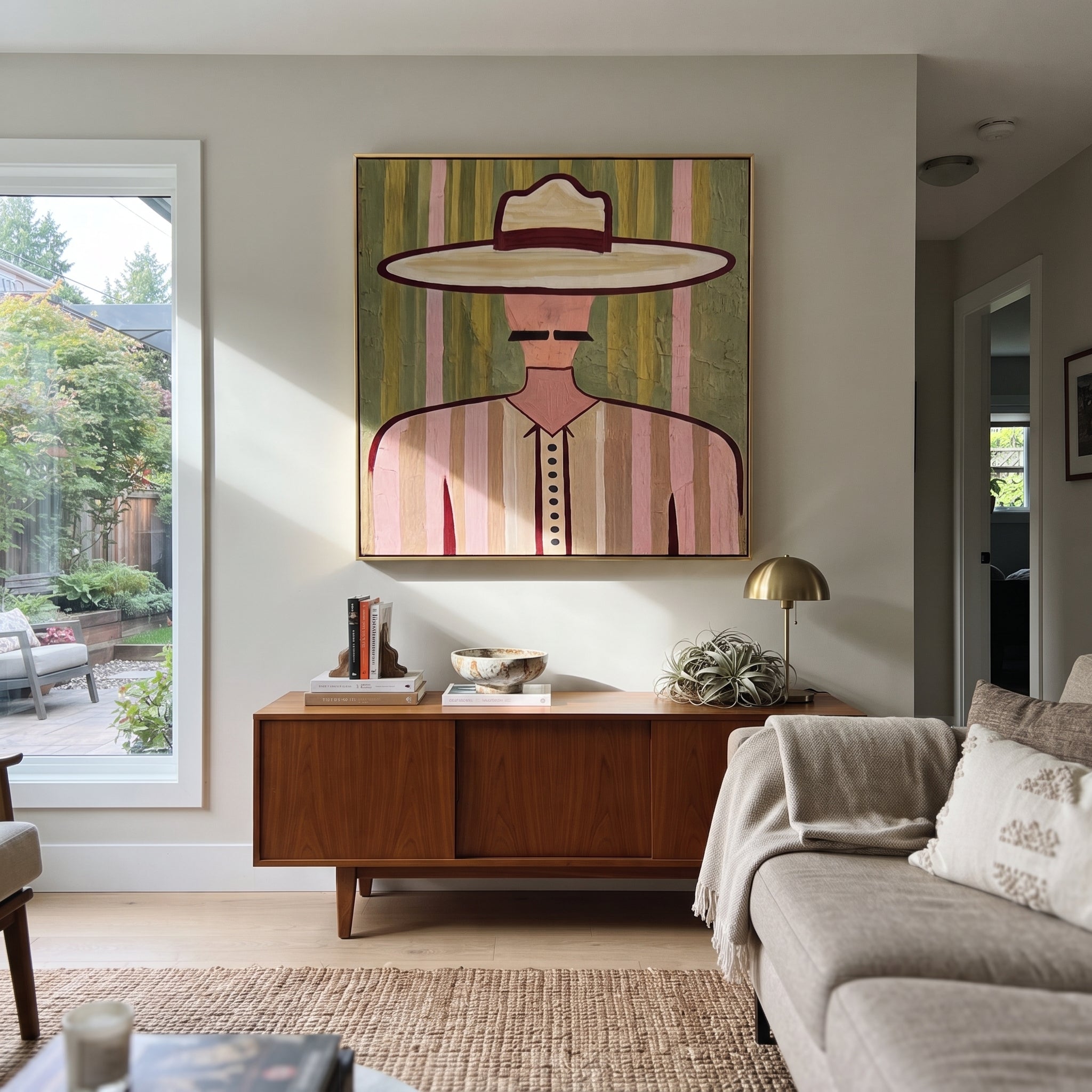 Pink Lines Frame Mustache - pastel western man painting by Elliot Vale, modern figurative square wall art - styled room scene view 3