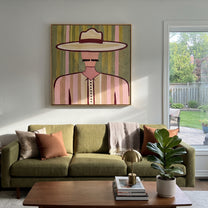 Pink Lines Frame Mustache - pastel western man painting by Elliot Vale, modern figurative square wall art - styled room scene view 4