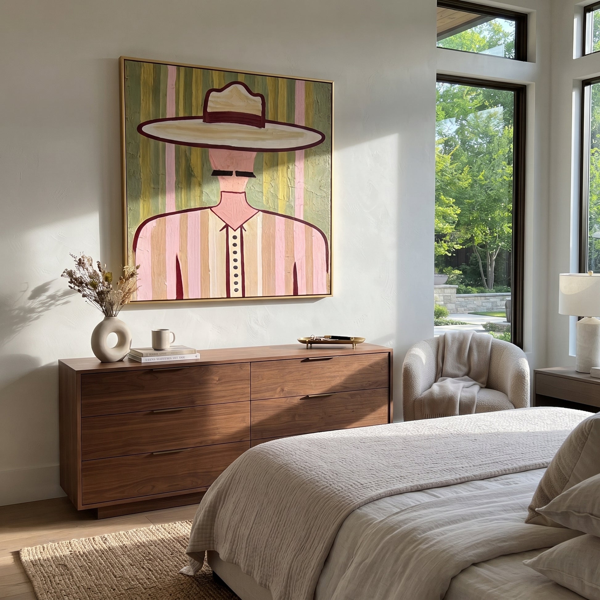 Pink Lines Frame Mustache - pastel western man painting by Elliot Vale, modern figurative square wall art - styled room scene view 5