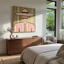 Pink Lines Frame Mustache - pastel western man painting by Elliot Vale, modern figurative square wall art - styled room scene view 5