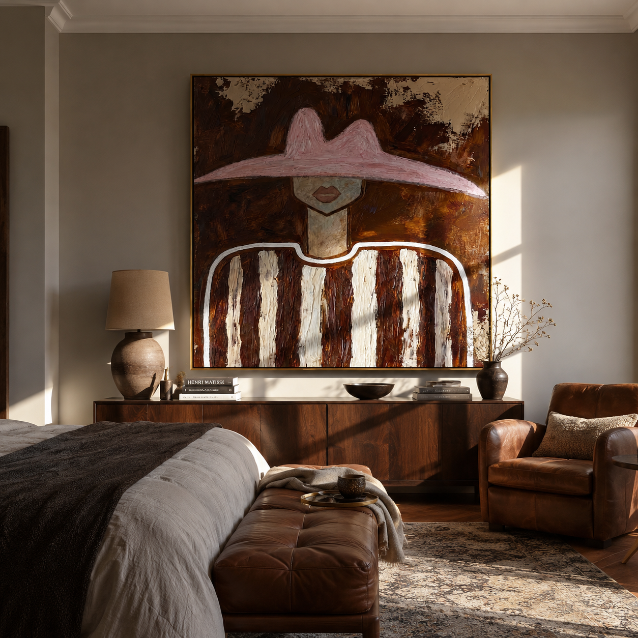 Rose Hat Meets Umber - brown striped figure painting by Elliot Vale, modern figurative square wall art - styled room scene view 1