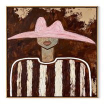 Rose Hat Meets Umber - brown striped figure painting by Elliot Vale, modern figurative square wall art - wood frame on white background
