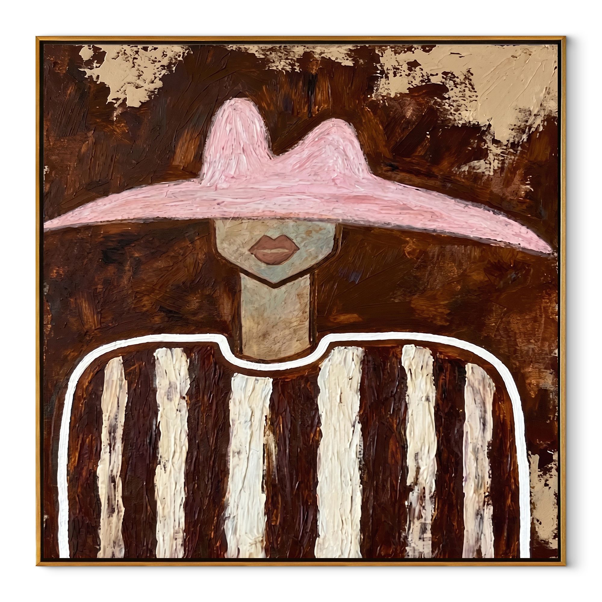 Rose Hat Meets Umber - brown striped figure painting by Elliot Vale, modern figurative square wall art - wood frame on white background