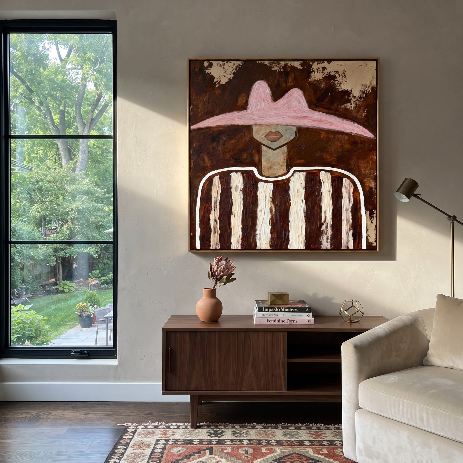 Rose Hat Meets Umber - brown striped figure painting by Elliot Vale, modern figurative square wall art - styled room scene view 2