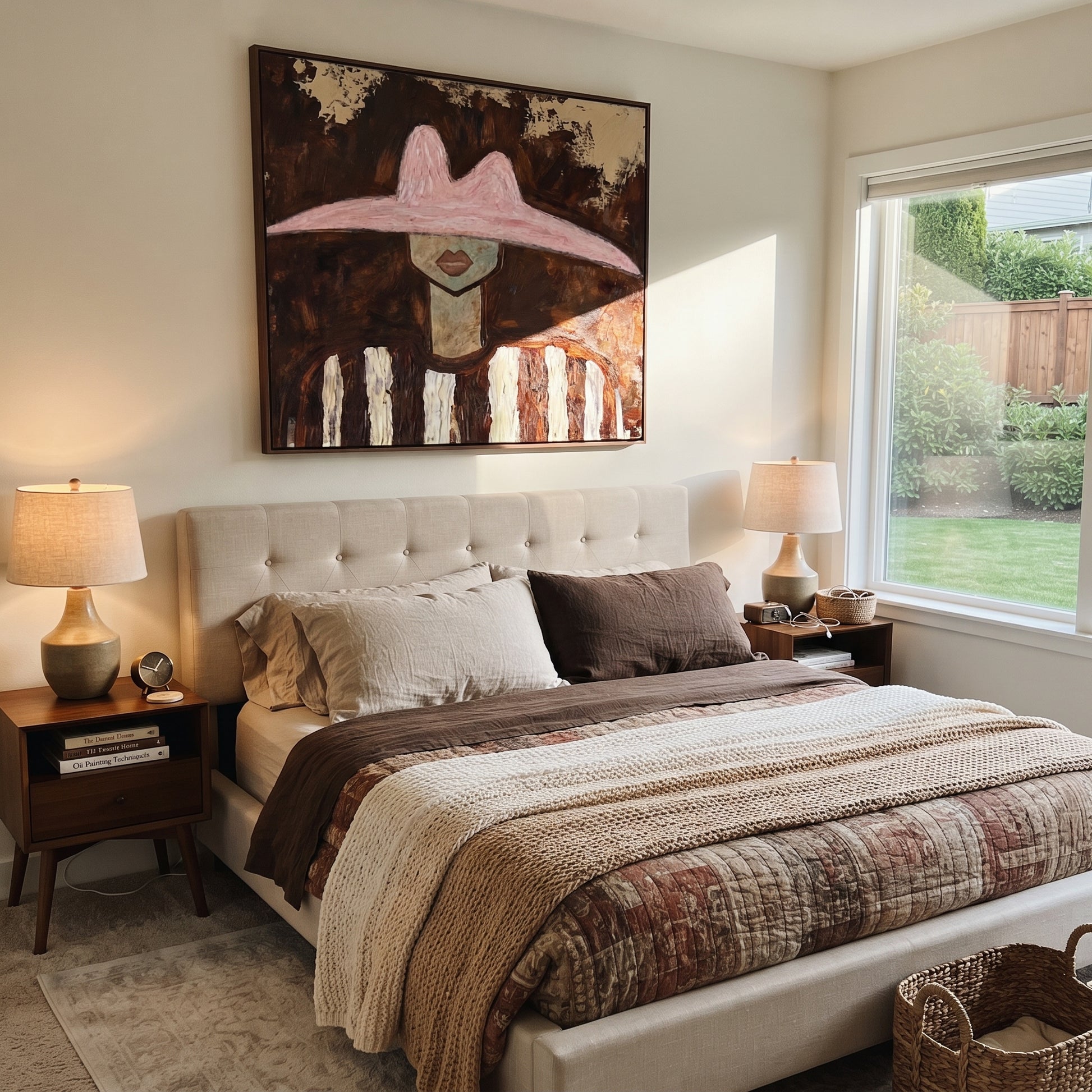Rose Hat Meets Umber - brown striped figure painting by Elliot Vale, modern figurative square wall art - styled room scene view 4