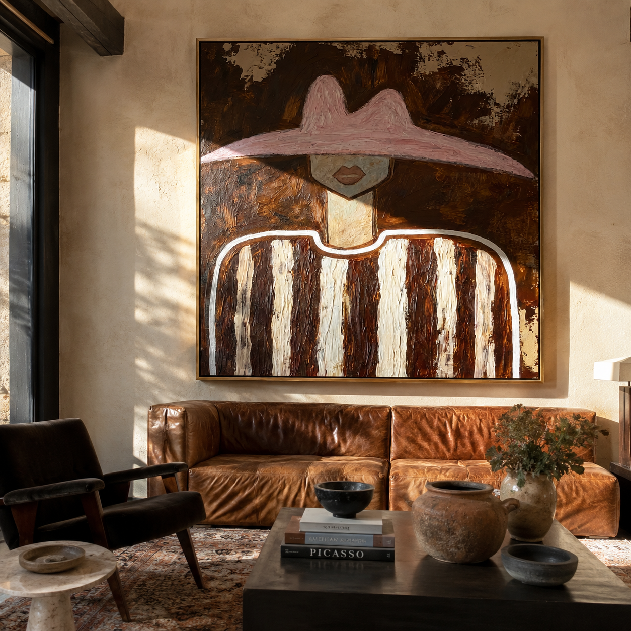 Rose Hat Meets Umber - brown striped figure painting by Elliot Vale, modern figurative square wall art - styled room scene view 5