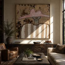 Pink Peak Crosses Texture - neutral striped figure painting by Elliot Vale, modern figurative square wall art - styled room scene view 1