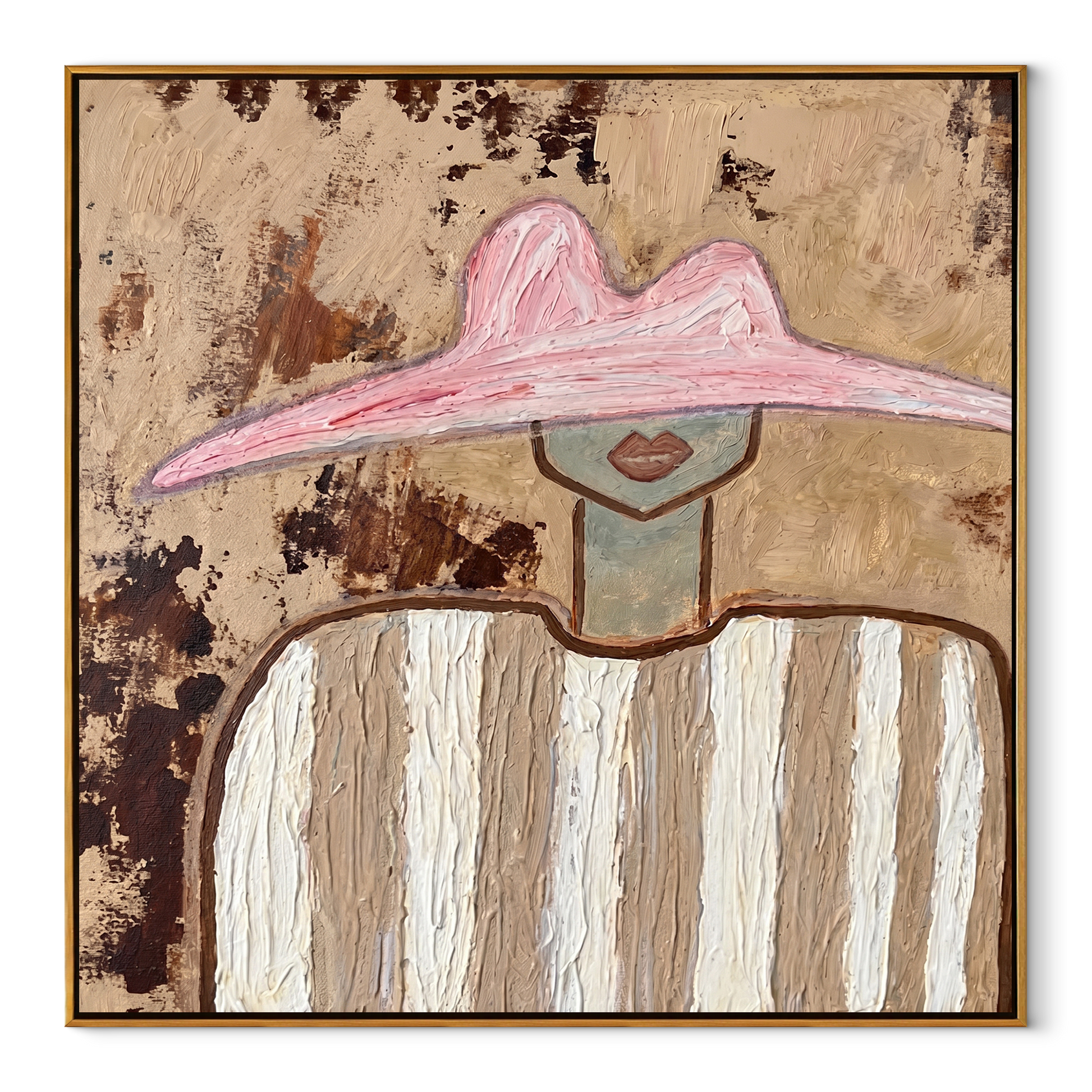 Pink Peak Crosses Texture - neutral striped figure painting by Elliot Vale, modern figurative square wall art - wood frame on white background