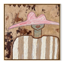 Pink Peak Crosses Texture - neutral striped figure painting by Elliot Vale, modern figurative square wall art - wood frame on white background