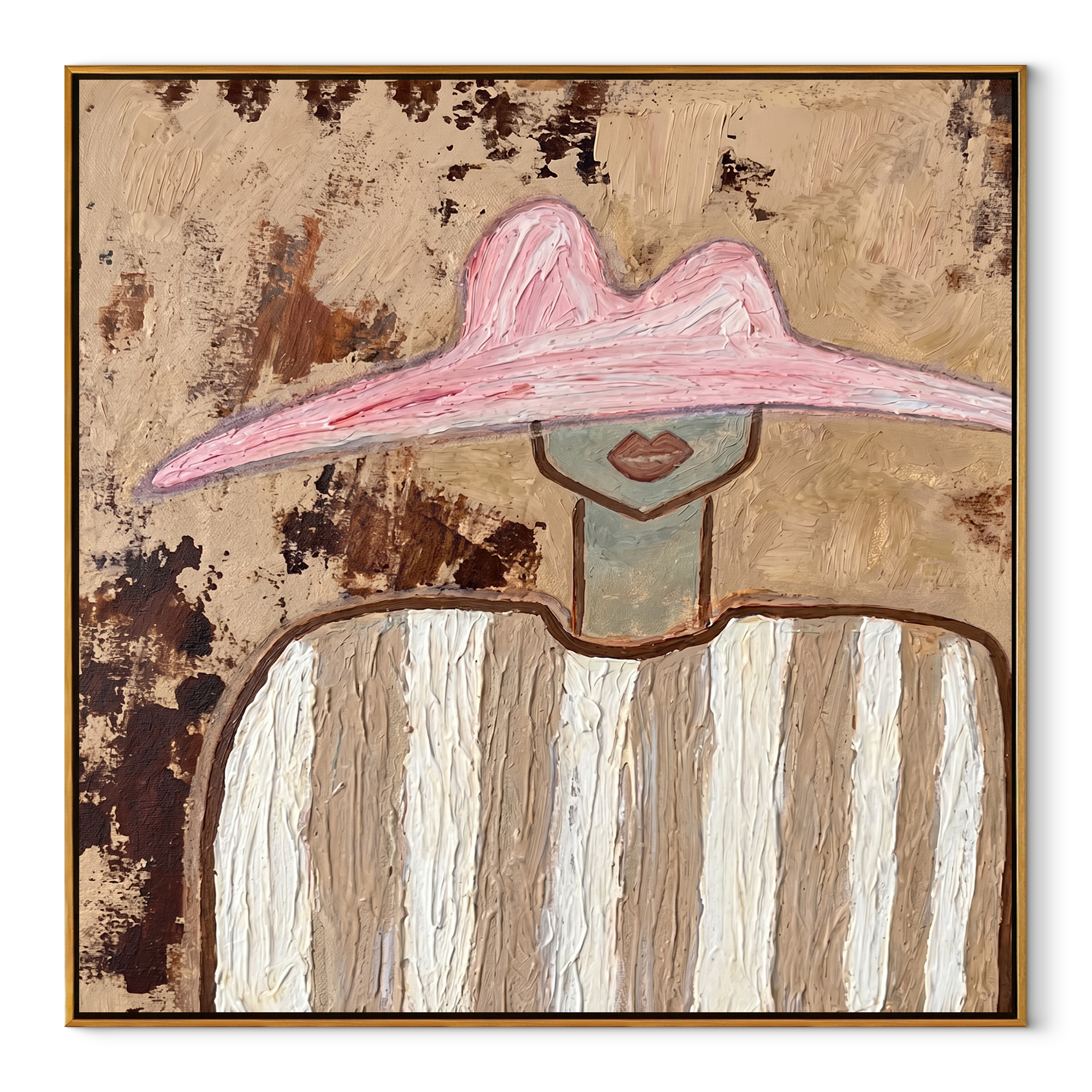 Pink Peak Crosses Texture - neutral striped figure painting by Elliot Vale, modern figurative square wall art - wood frame on white background