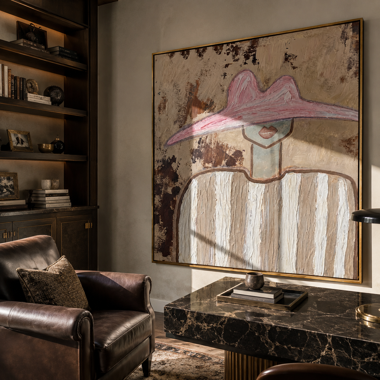 Pink Peak Crosses Texture - neutral striped figure painting by Elliot Vale, modern figurative square wall art - styled room scene view 2