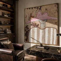 Pink Peak Crosses Texture - neutral striped figure painting by Elliot Vale, modern figurative square wall art - styled room scene view 2