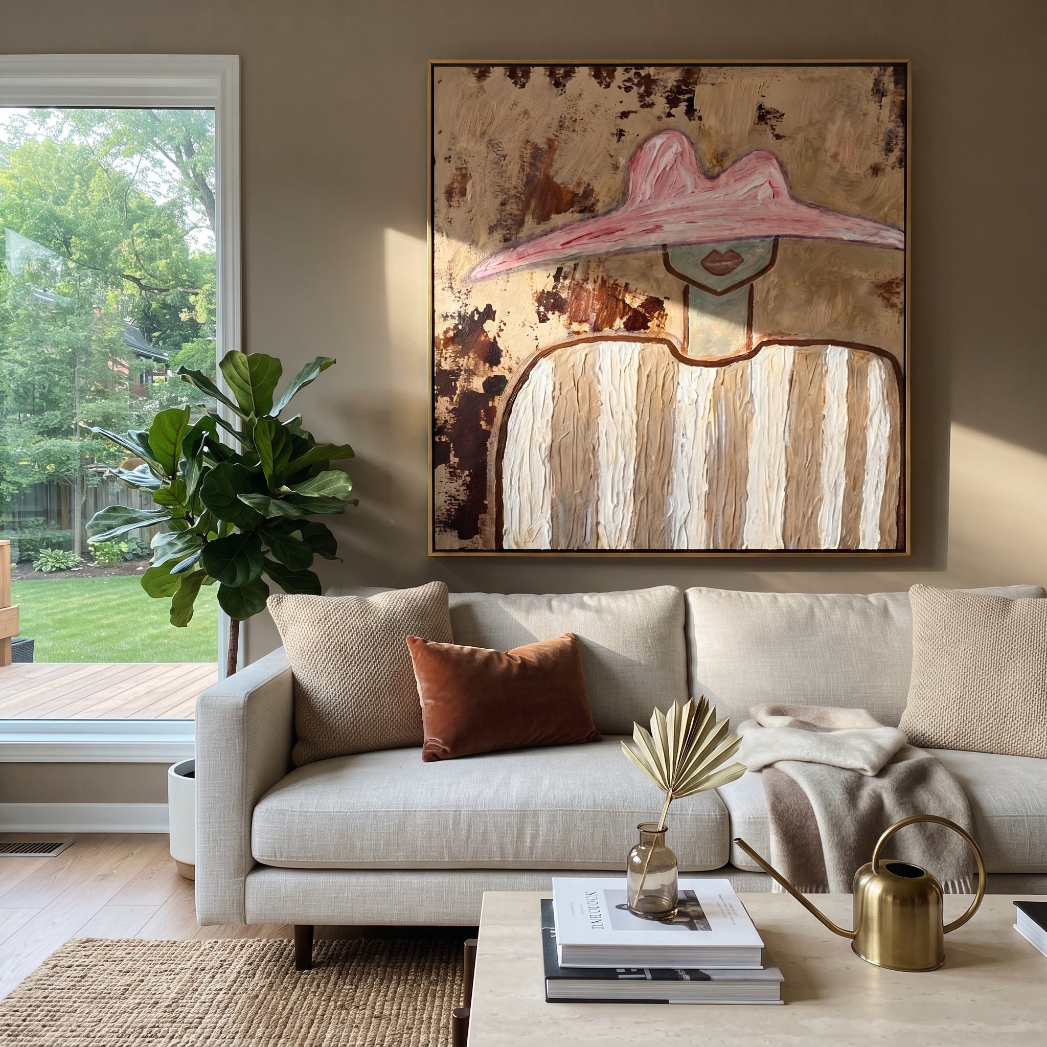 Pink Peak Crosses Texture - neutral striped figure painting by Elliot Vale, modern figurative square wall art - styled room scene view 4