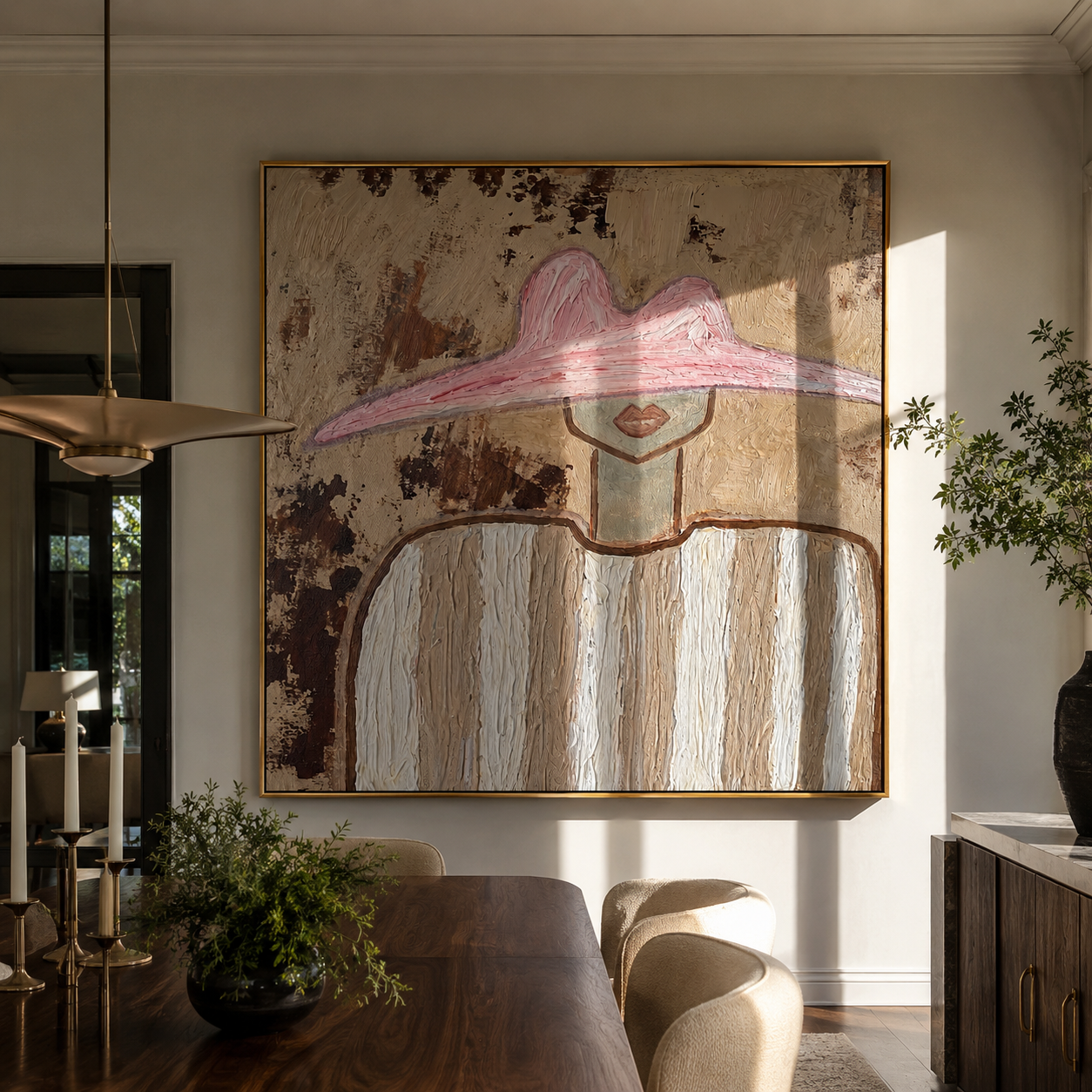 Pink Peak Crosses Texture - neutral striped figure painting by Elliot Vale, modern figurative square wall art - styled room scene view 5