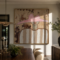 Pink Peak Crosses Texture - neutral striped figure painting by Elliot Vale, modern figurative square wall art - styled room scene view 5