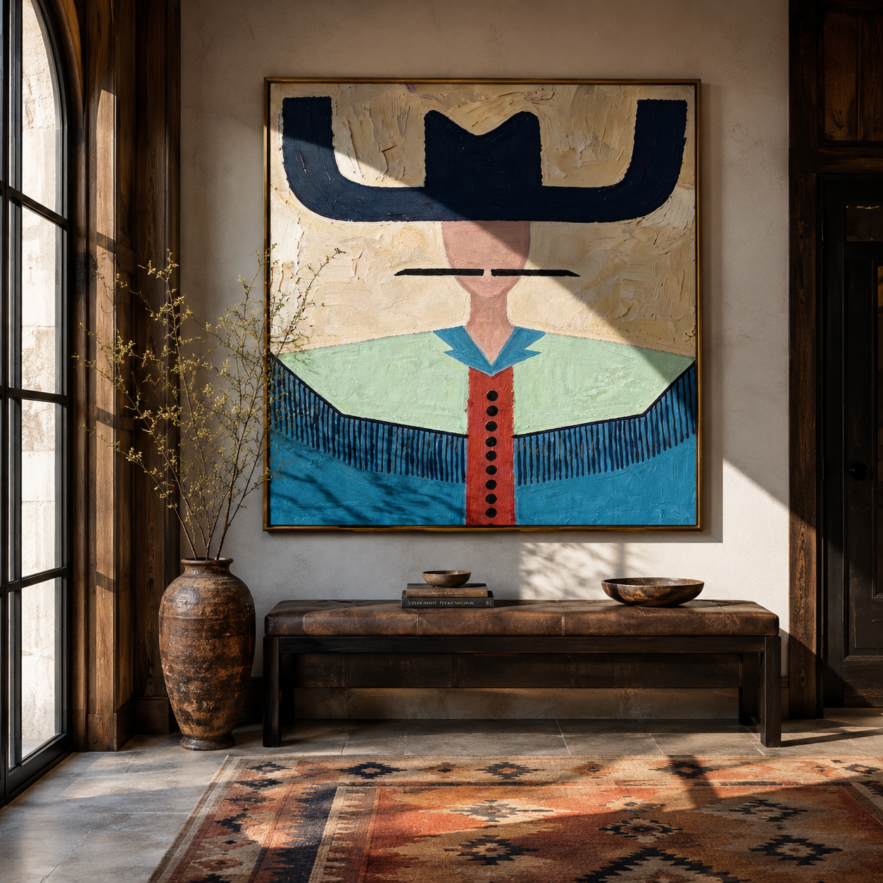 Navy Wings Guard Turquoise - turquoise western shirt painting by Elliot Vale, modern figurative square wall art - styled room scene view 1