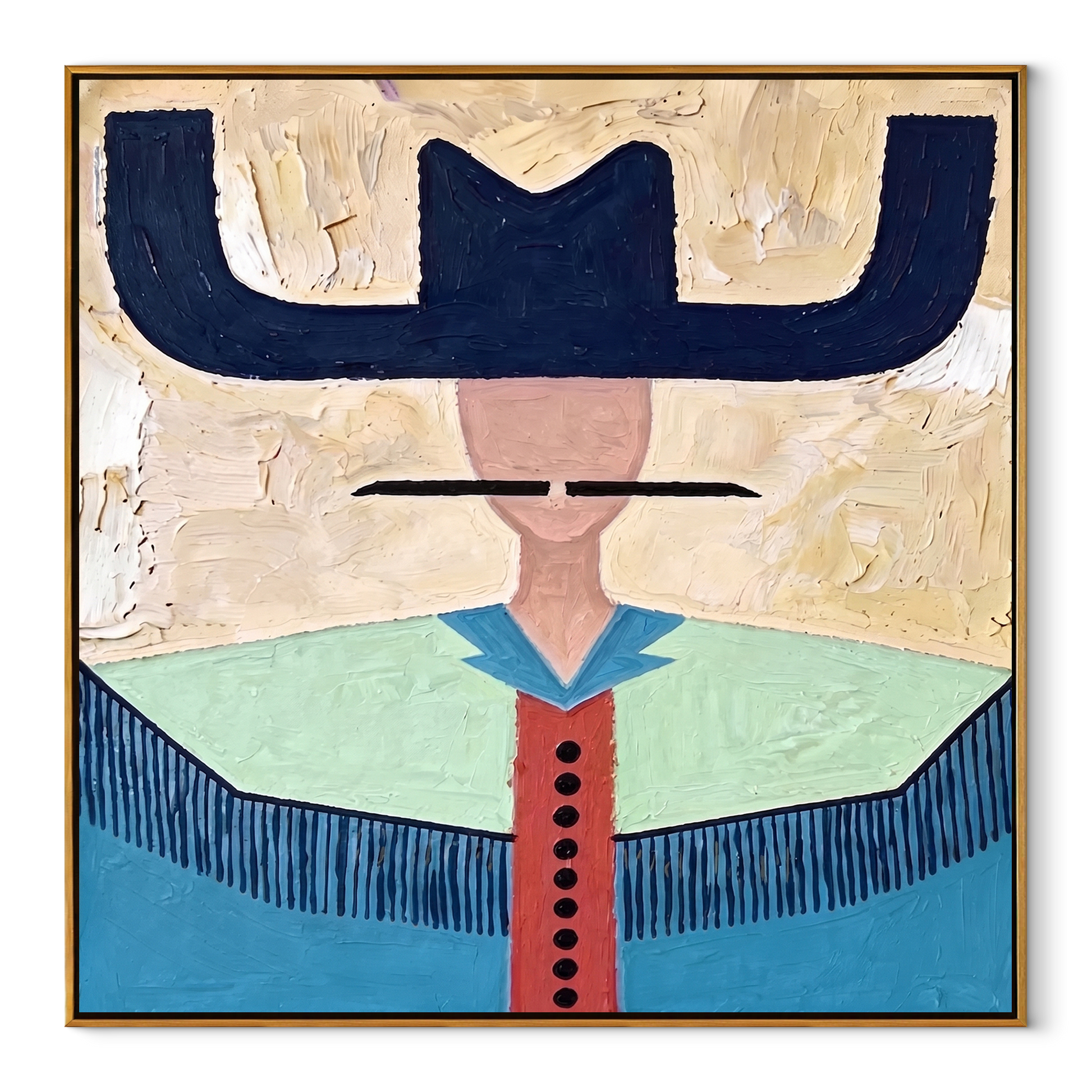 Navy Wings Guard Turquoise - turquoise western shirt painting by Elliot Vale, modern figurative square wall art - wood frame on white background