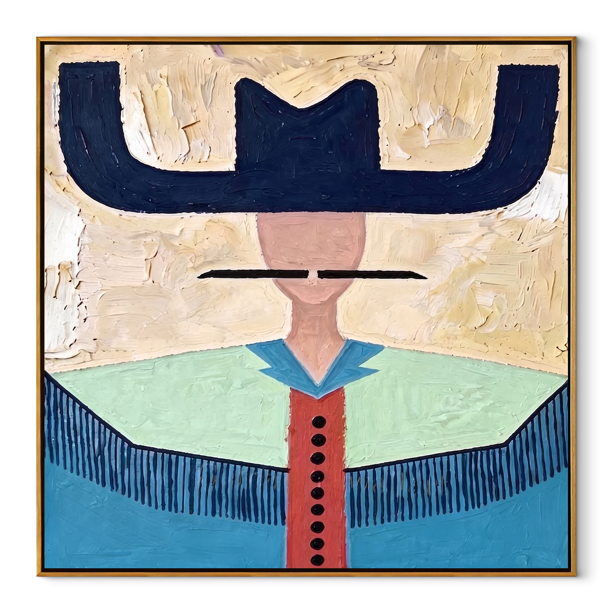 Navy Wings Guard Turquoise - turquoise western shirt painting by Elliot Vale, modern figurative square wall art - wood frame on white background