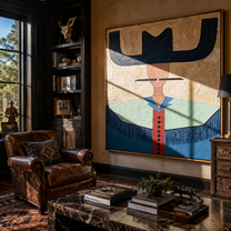Navy Wings Guard Turquoise - turquoise western shirt painting by Elliot Vale, modern figurative square wall art - styled room scene view 2