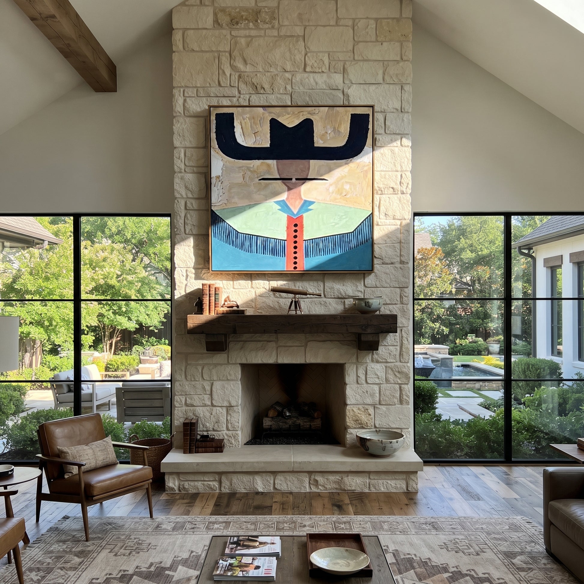 Navy Wings Guard Turquoise - turquoise western shirt painting by Elliot Vale, modern figurative square wall art - styled room scene view 3