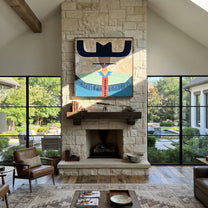 Navy Wings Guard Turquoise - turquoise western shirt painting by Elliot Vale, modern figurative square wall art - styled room scene view 3