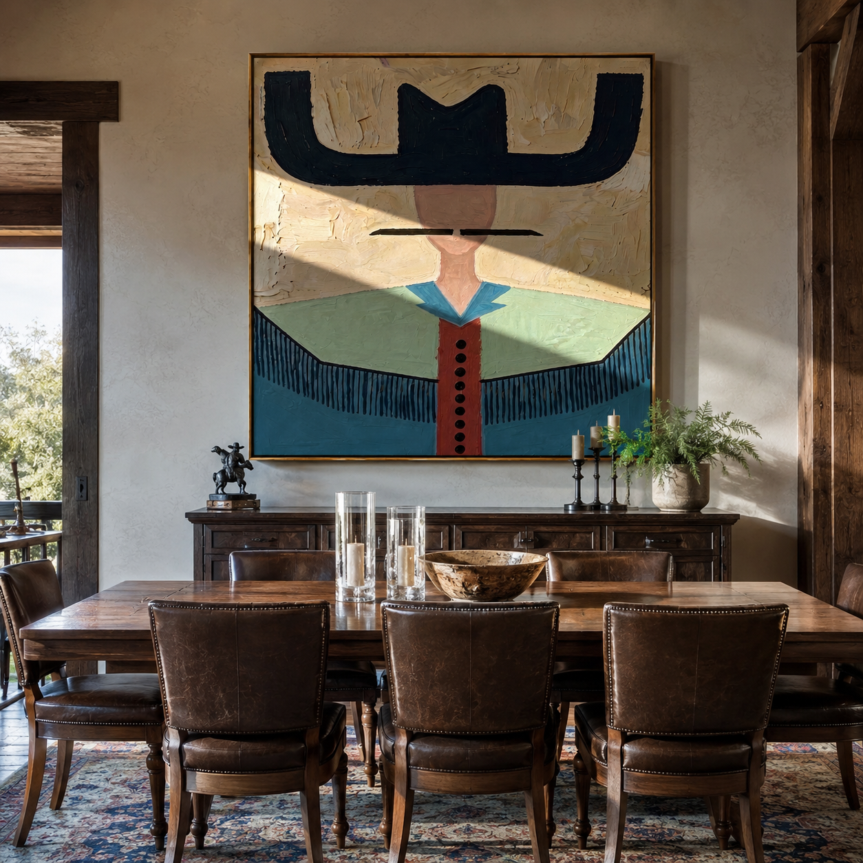 Navy Wings Guard Turquoise - turquoise western shirt painting by Elliot Vale, modern figurative square wall art - styled room scene view 4