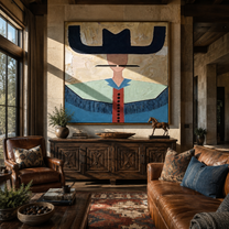 Navy Wings Guard Turquoise - turquoise western shirt painting by Elliot Vale, modern figurative square wall art - styled room scene view 5