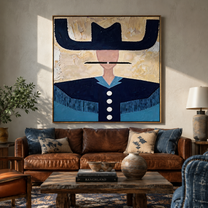 Blue Brim Holds Buttons - navy western shirt painting by Elliot Vale, modern figurative square wall art - styled room scene view 1