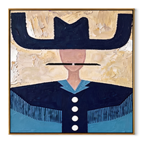 Blue Brim Holds Buttons - navy western shirt painting by Elliot Vale, modern figurative square wall art - wood frame on white background