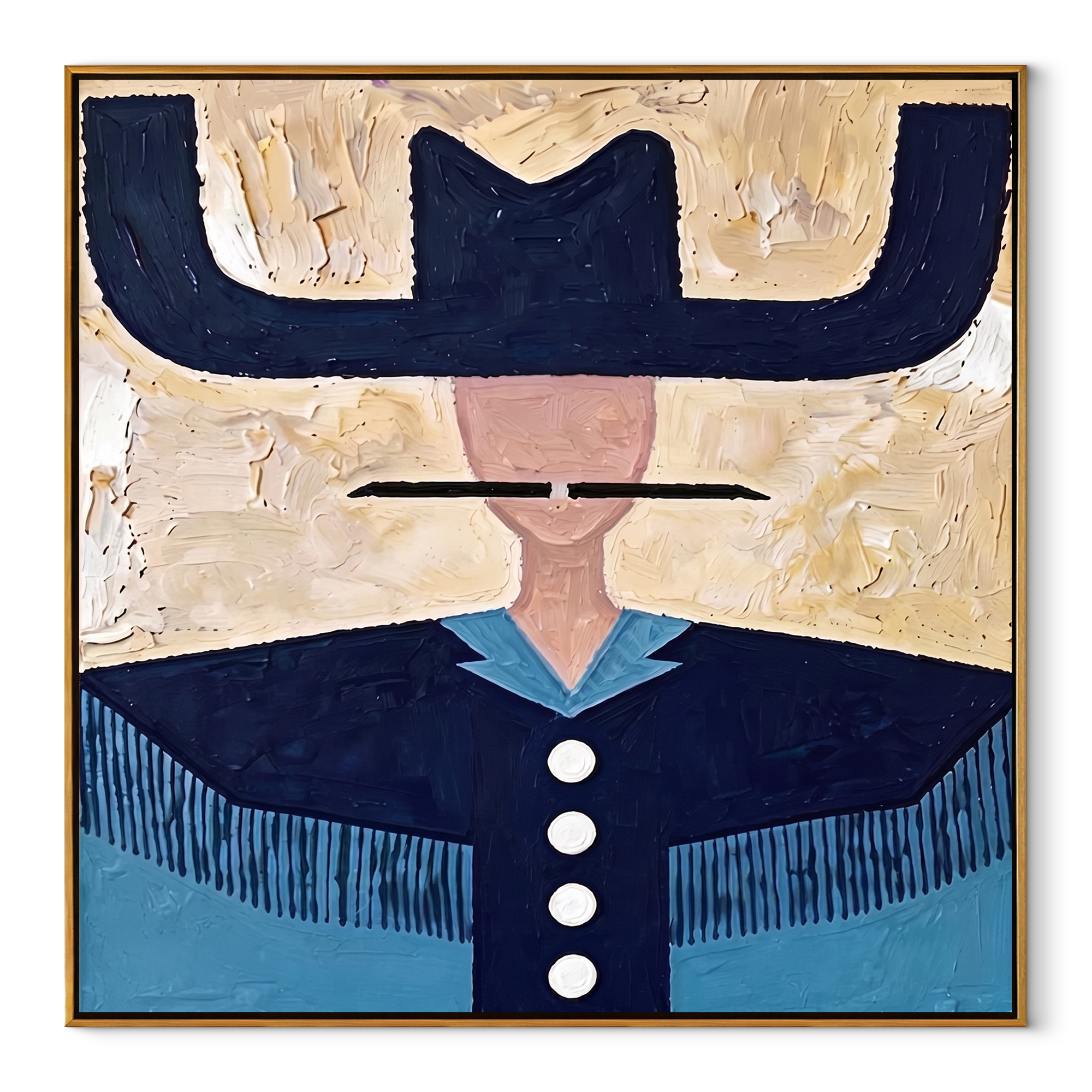 Blue Brim Holds Buttons - navy western shirt painting by Elliot Vale, modern figurative square wall art - wood frame on white background