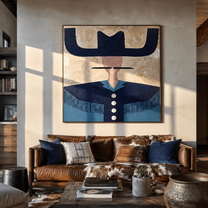 Blue Brim Holds Buttons - navy western shirt painting by Elliot Vale, modern figurative square wall art - styled room scene view 2