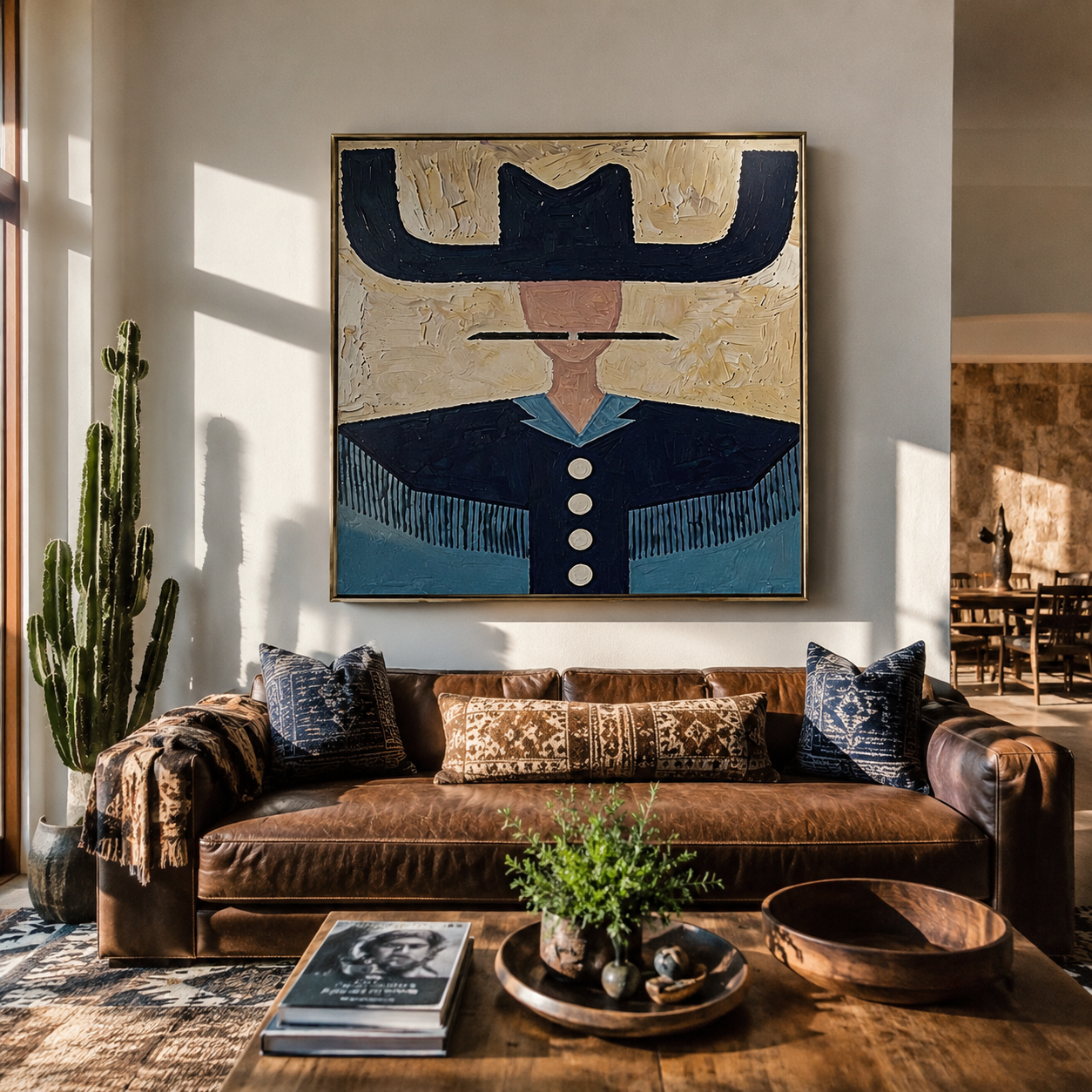 Blue Brim Holds Buttons - navy western shirt painting by Elliot Vale, modern figurative square wall art - styled room scene view 3