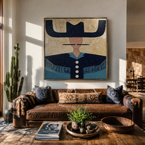 Blue Brim Holds Buttons - navy western shirt painting by Elliot Vale, modern figurative square wall art - styled room scene view 3
