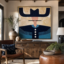 Blue Brim Holds Buttons - navy western shirt painting by Elliot Vale, modern figurative square wall art - styled room scene view 4