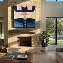 Blue Brim Holds Buttons - navy western shirt painting by Elliot Vale, modern figurative square wall art - styled room scene view 5