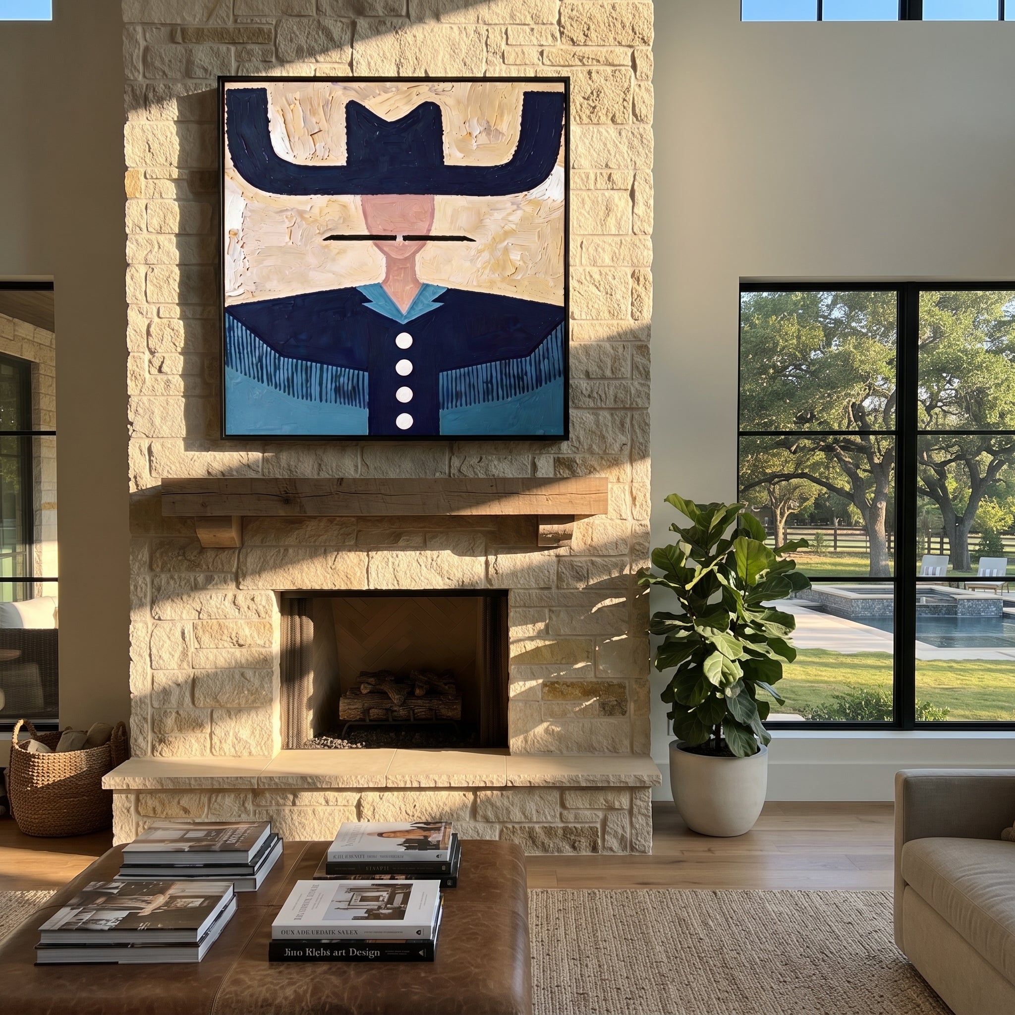 Blue Brim Holds Buttons - navy western shirt painting by Elliot Vale, modern figurative square wall art - styled room scene view 5