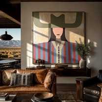 Olive Wings Frame Stripes - red blue striped figure painting by Elliot Vale, modern figurative square wall art - styled room scene view 1