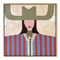 Olive Wings Frame Stripes - red blue striped figure painting by Elliot Vale, modern figurative square wall art - wood frame on white background