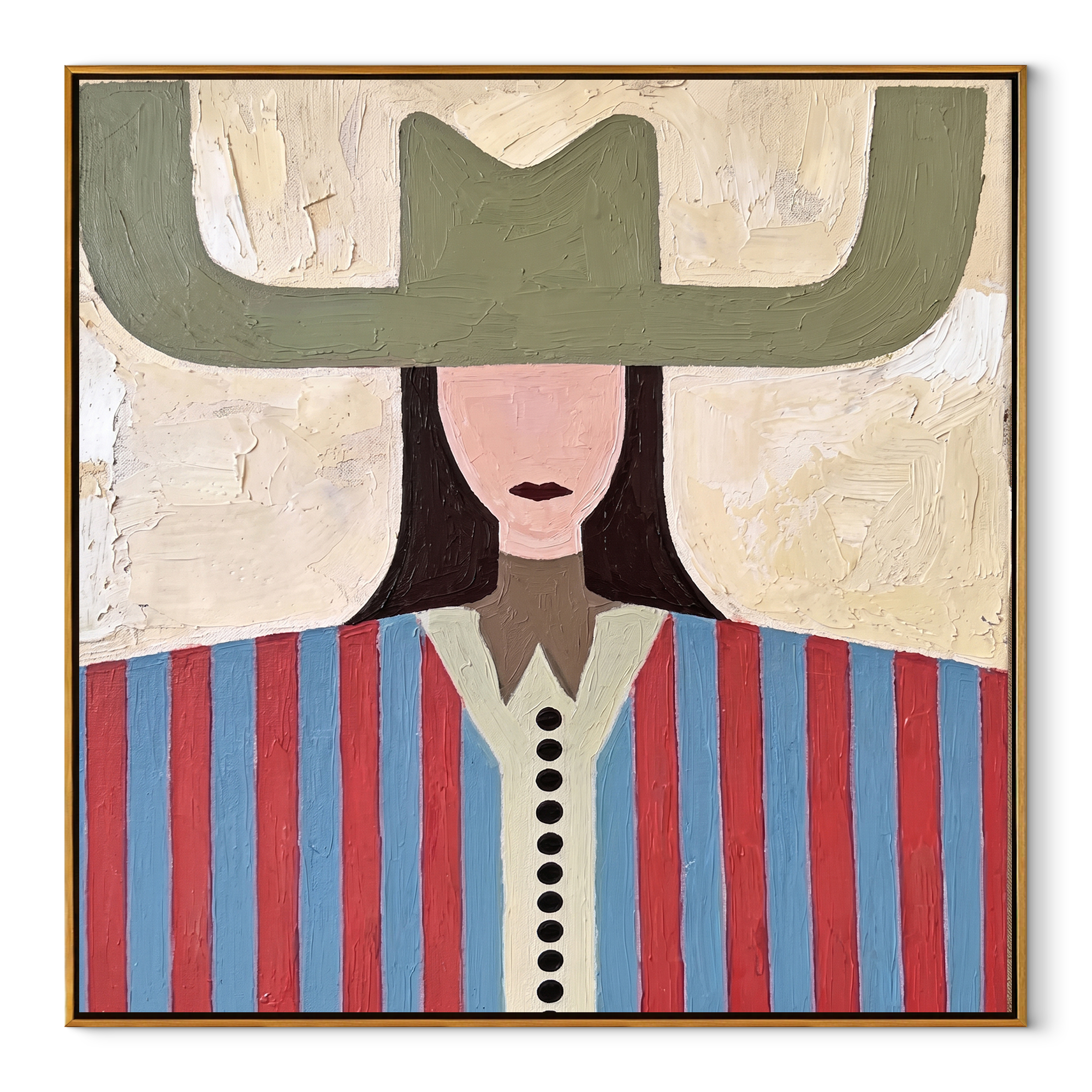 Olive Wings Frame Stripes - red blue striped figure painting by Elliot Vale, modern figurative square wall art - wood frame on white background