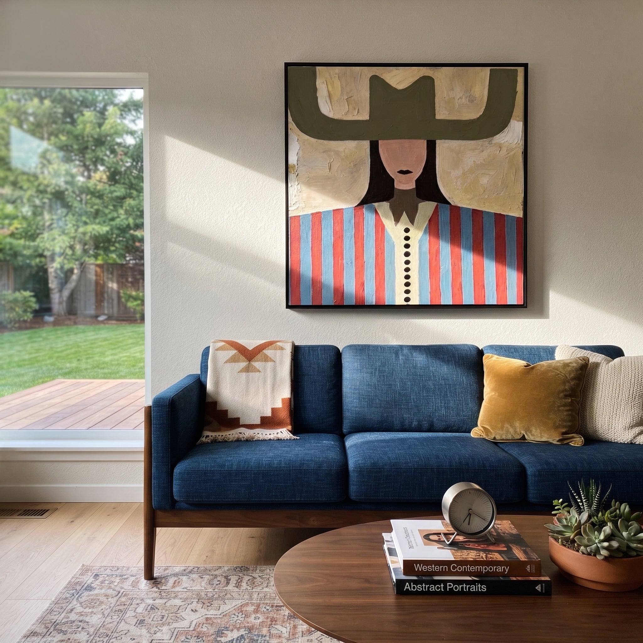Olive Wings Frame Stripes - red blue striped figure painting by Elliot Vale, modern figurative square wall art - styled room scene view 2
