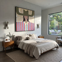 Olive Wings Frame Stripes - red blue striped figure painting by Elliot Vale, modern figurative square wall art - styled room scene view 3