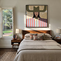Olive Wings Frame Stripes - red blue striped figure painting by Elliot Vale, modern figurative square wall art - styled room scene view 4